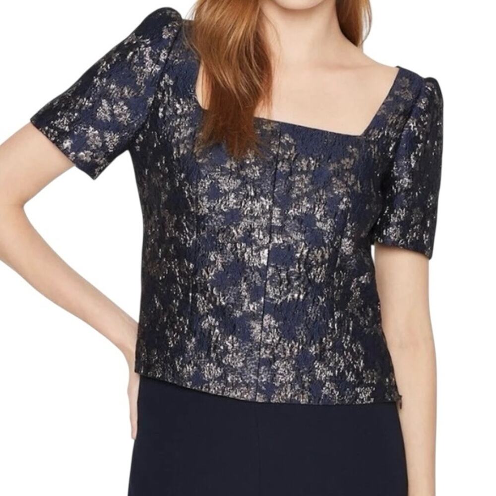 Club Monaco Metallic Brocade 12 Midnight Navy Puff Sleeve Cropped Blouse NWT